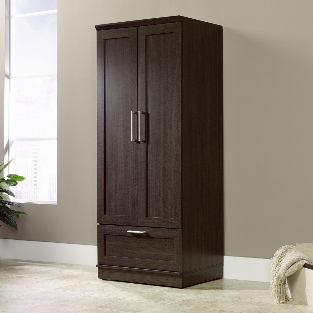 Dark Brown Wood Wardrobe Cabinet Armoire with Garment Rod-1