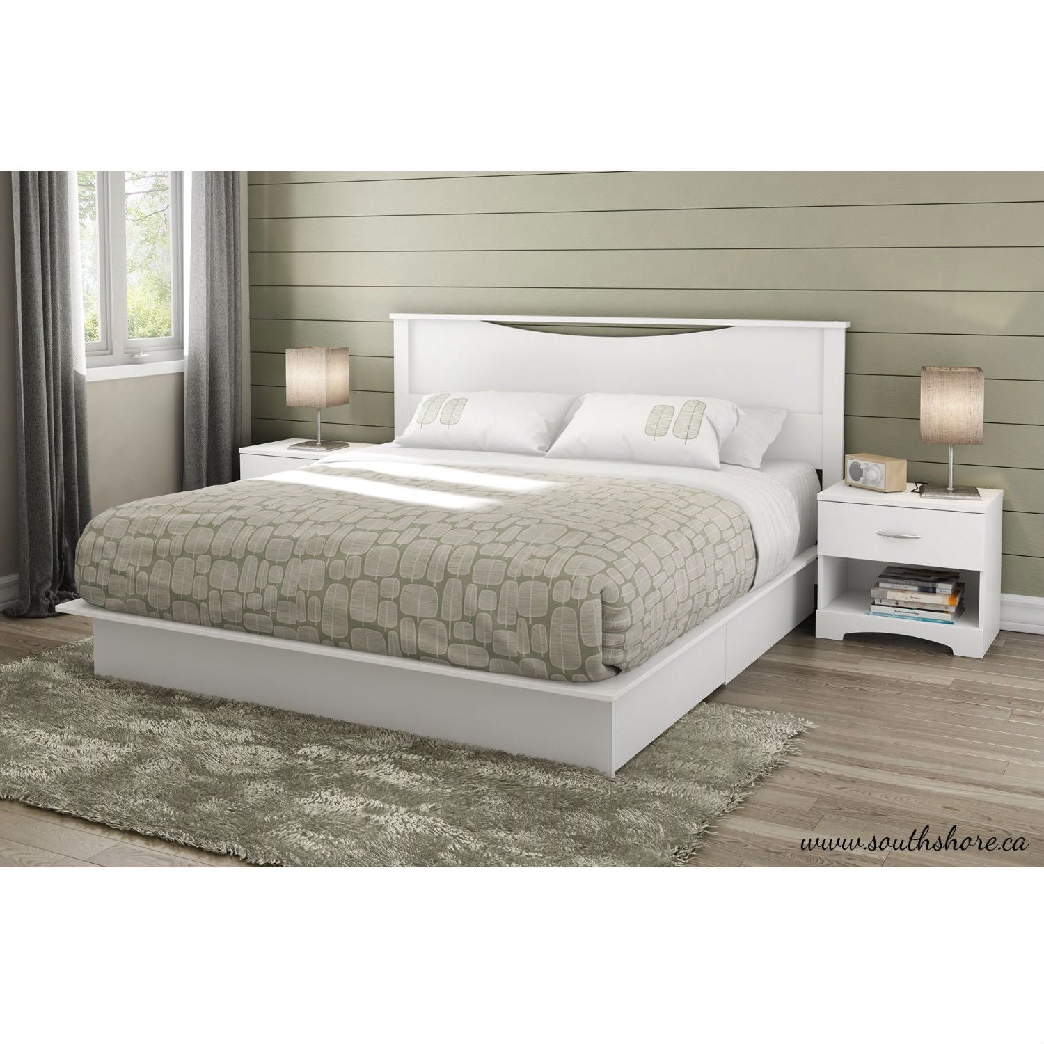 King size Modern Platform Bed with Storage Drawers in White Finish-1