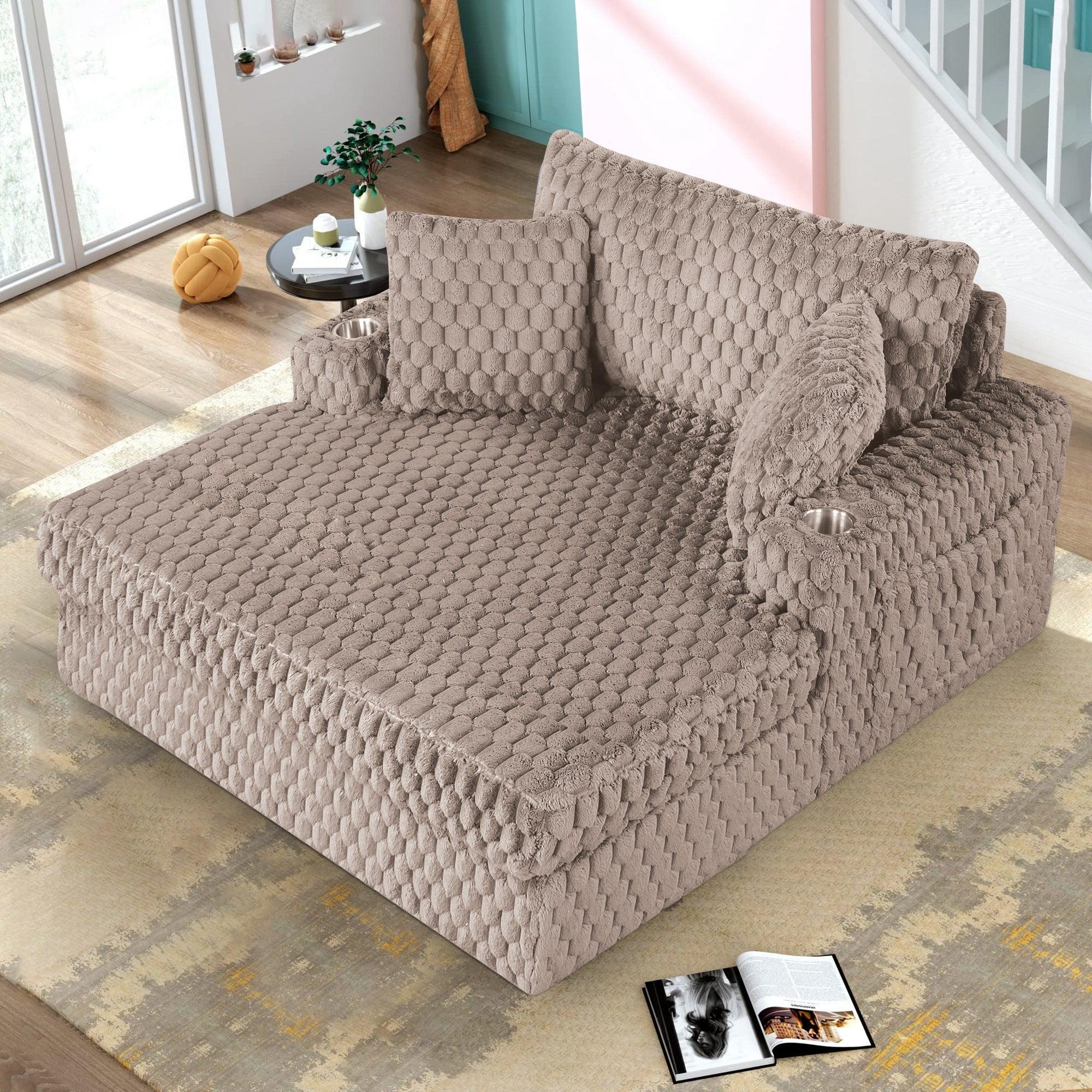 54 Inch Contemporary Indoor Upholstered Chaise Lounge Plush Sleeper Chair with Throw Pillows, 2 Cup Holders and Magazine Bags for Living Room