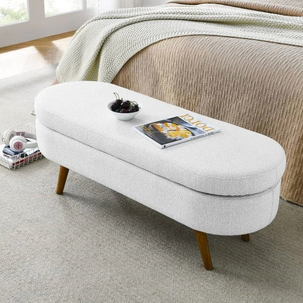 Mid-Century Modern Boho Style White Linen End of Bed Storage Bench-2