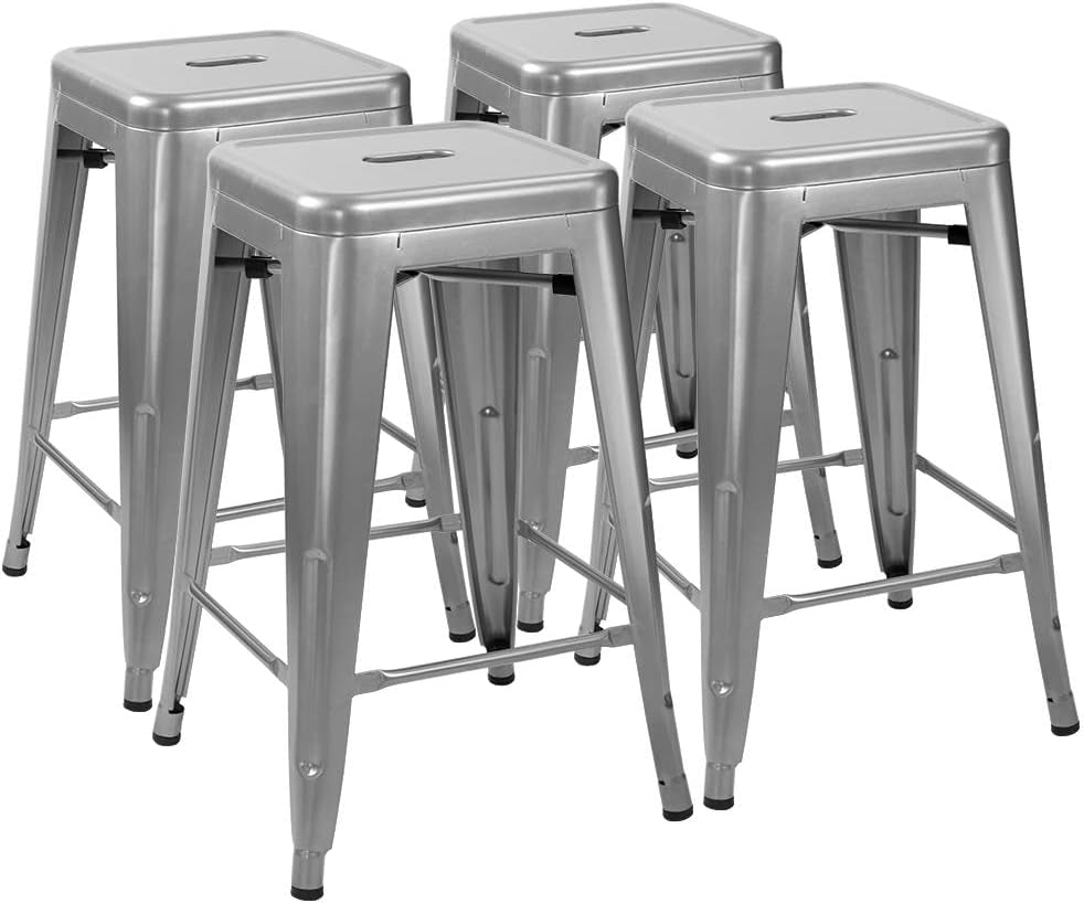 Set of 4 - 24-in. Indoor/Outdoor Backless Stacking Silver Metal Barstools-0