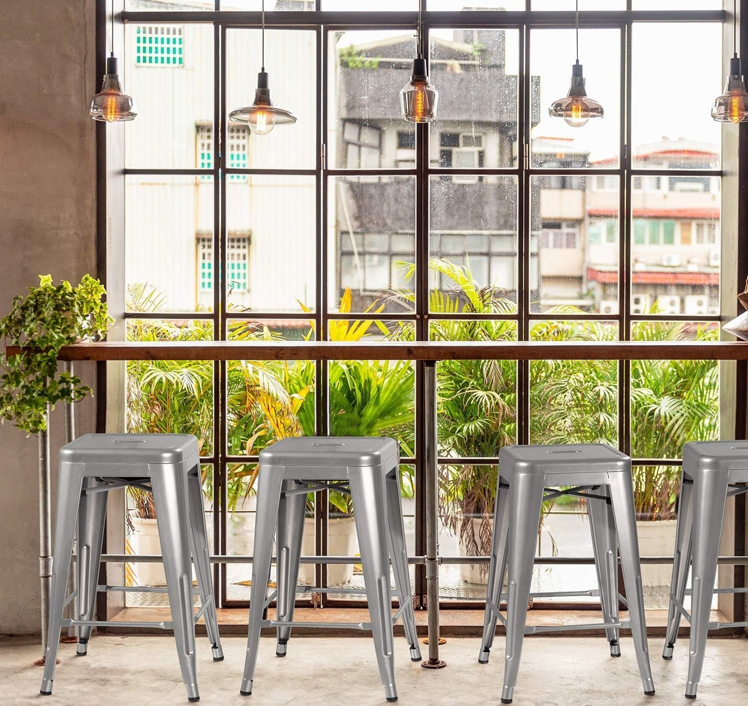 Set of 4 - 24-in. Indoor/Outdoor Backless Stacking Silver Metal Barstools-2