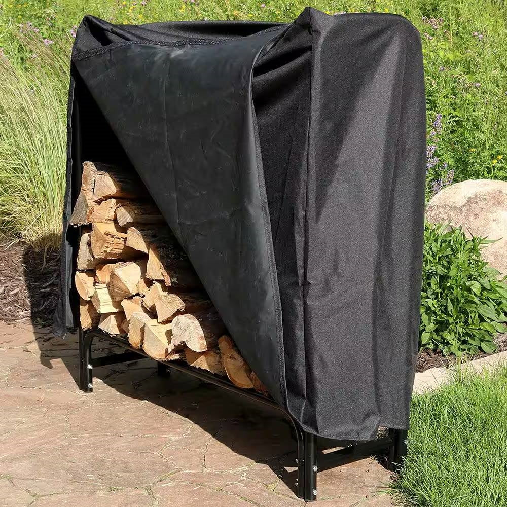 Indoor/Outdoor 4-Ft. Black Metal Firewood Rack with Cover-1