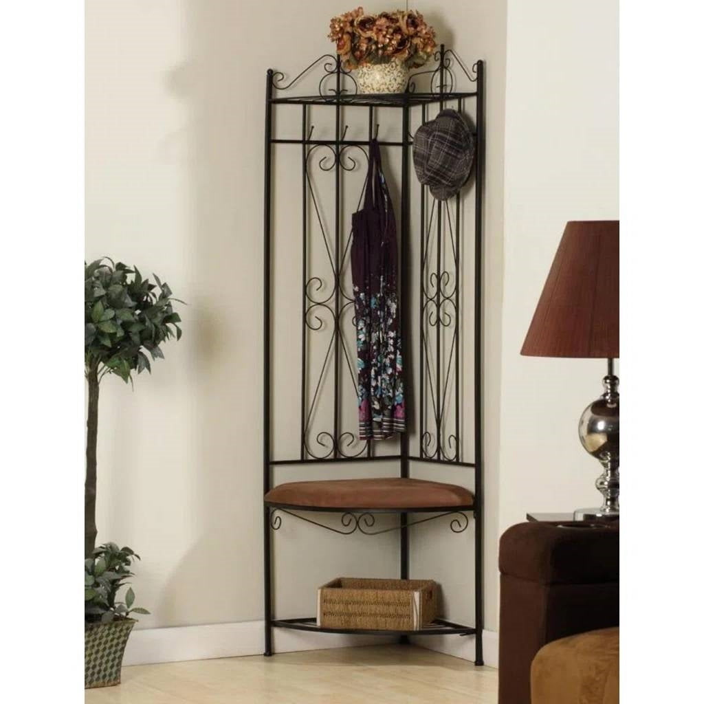 Black Metal Scrolling Corner Hall Tree Coat Rack Storage Bench-0