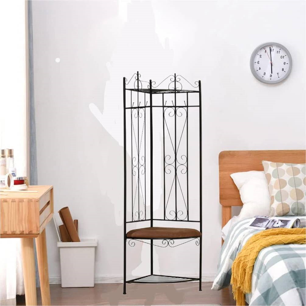 Black Metal Scrolling Corner Hall Tree Coat Rack Storage Bench-2