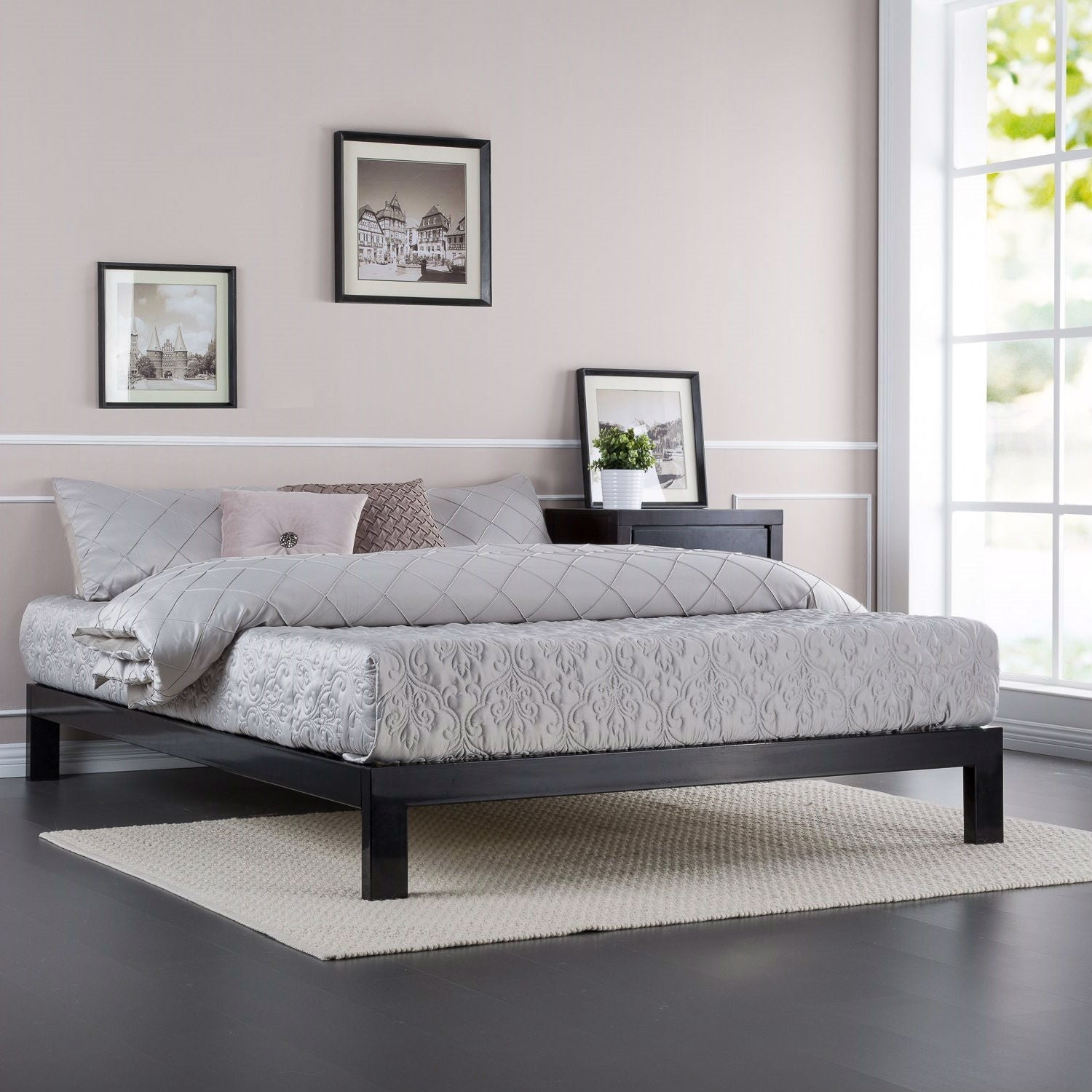 Queen Modern Black Metal Platform Bed Frame with Wooden Slats-2