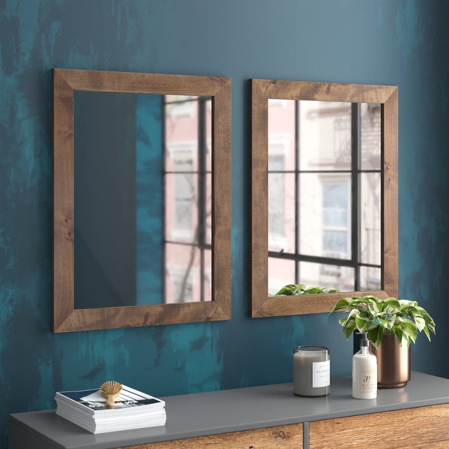 Set of 2 Modern Farmhouse Mirror Set Distressed Brown Wood Frame 31 x 24 inch-1