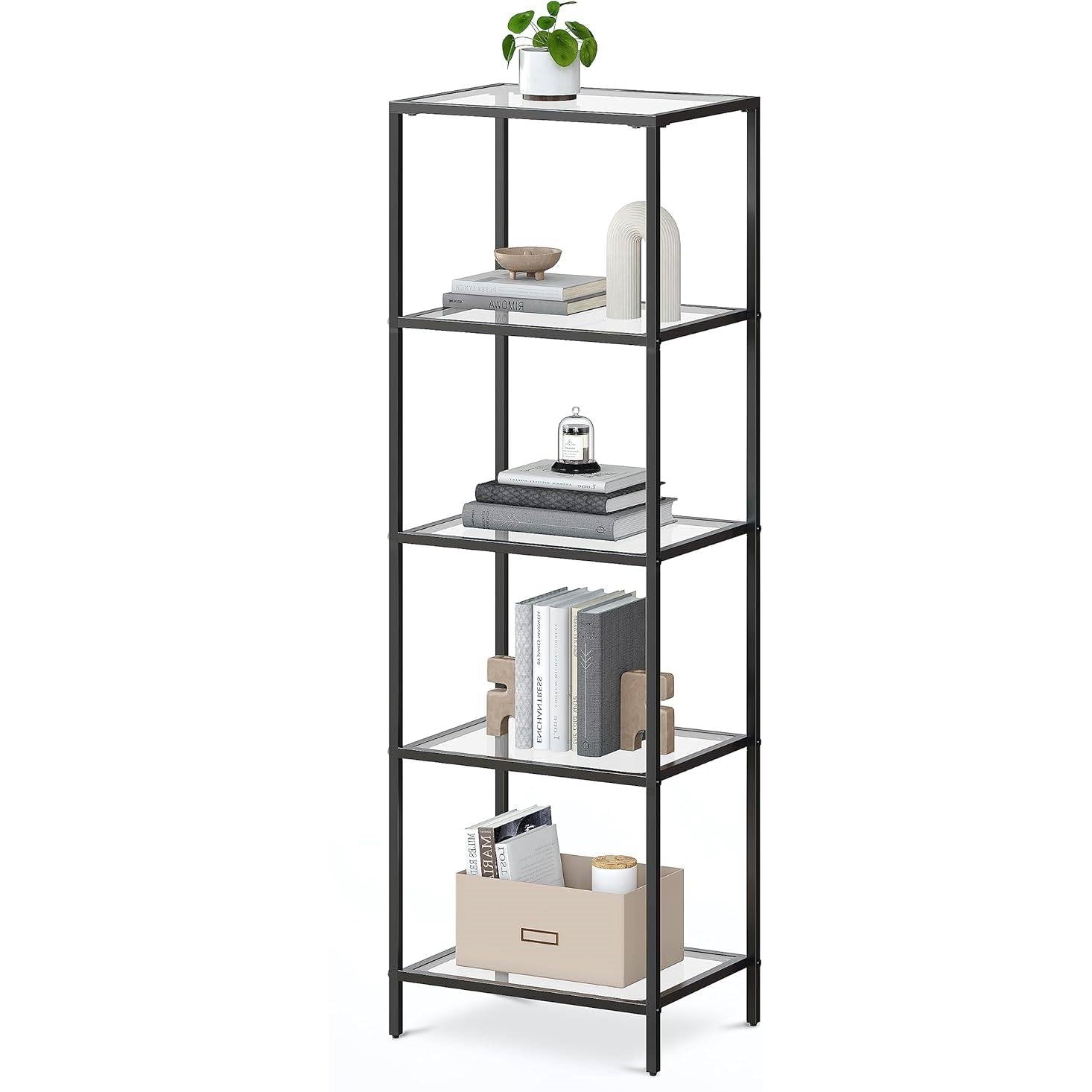 Black Metal Frame Glass Shelf Bookcase 4-Shelves Shelving Unit-0