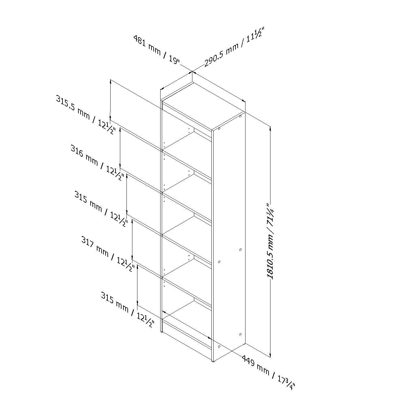 5-Shelf Narrow Bookcase Storage Shelves in White Wood Finish-2