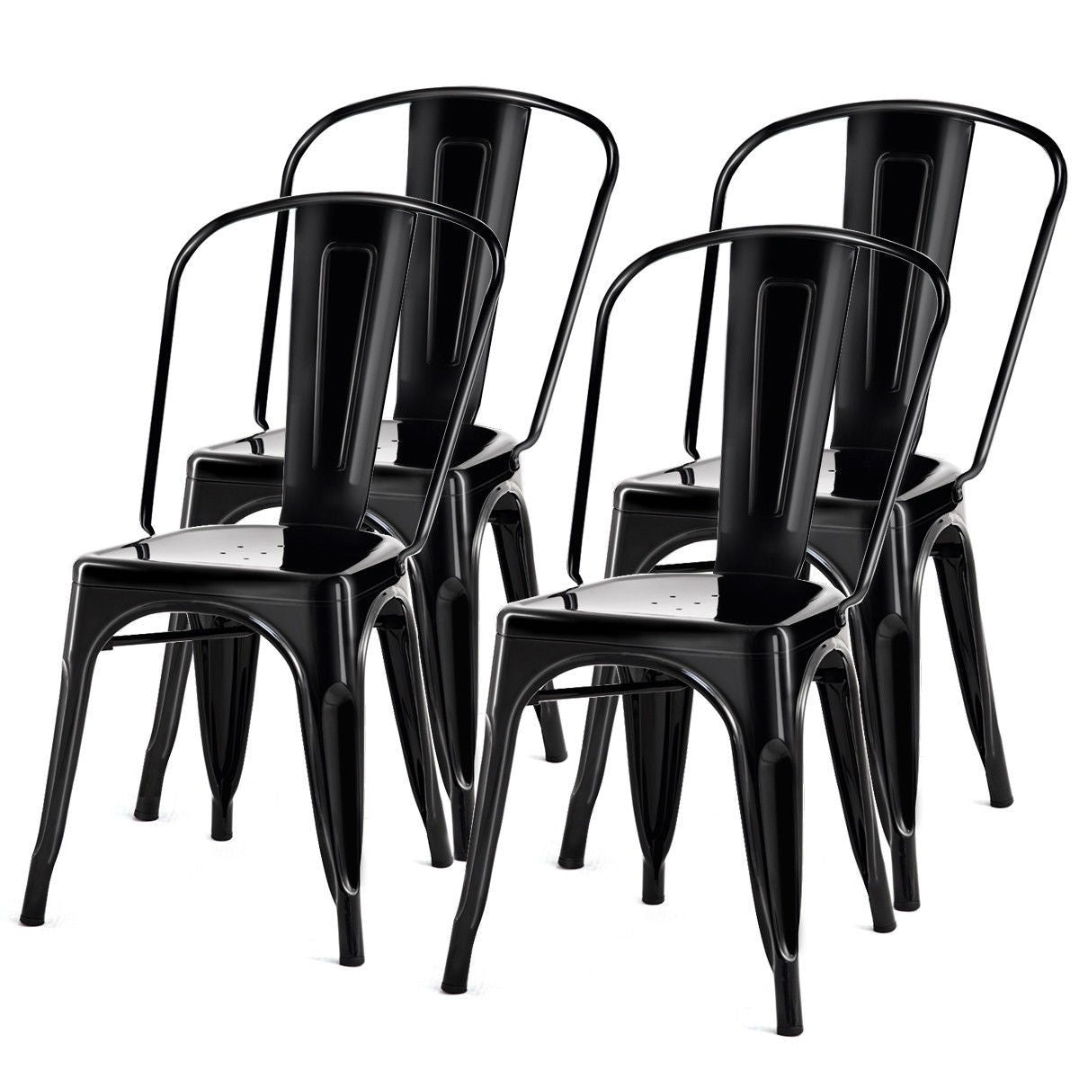 Set of 4 Indoor Outdoor Black Metal Stacking Bistro Dining Chairs-0