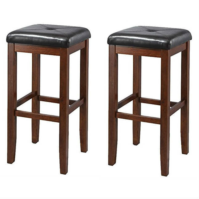 Set of 2 Vintage Mahogany Stools with Black Upholstered Seat-0