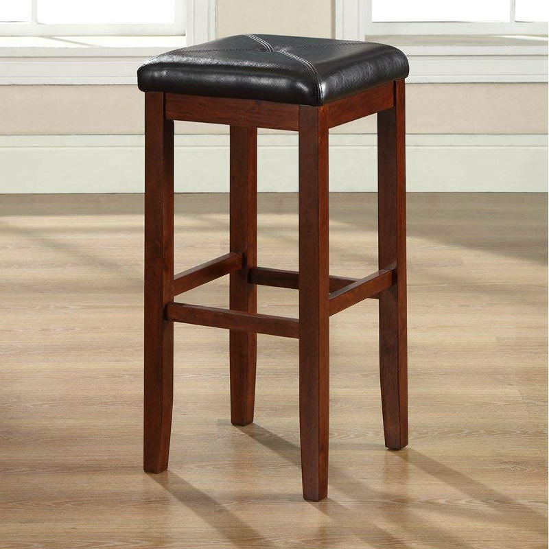 Set of 2 Vintage Mahogany Stools with Black Upholstered Seat-2