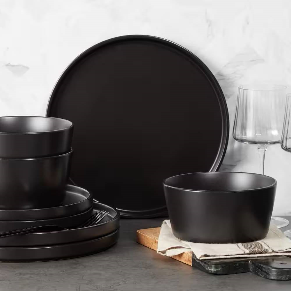 16-Piece Stoneware Dinnerware Set in Matte Black - Service for 4-0