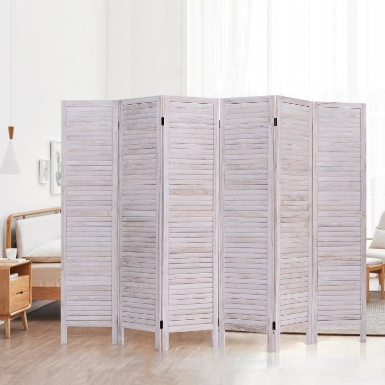 6-Panel Classic Louver Slatted Room Divider Screen in White Wood Finish-2