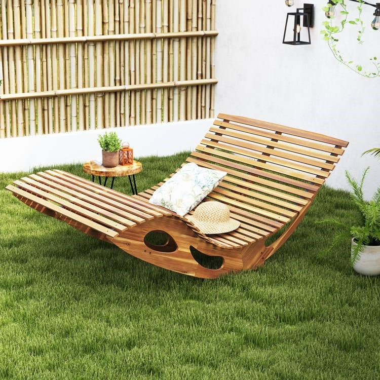 2-Seater Adirondack Slatted Acacia Patio Dual Rocker Sunbed Wood Lounger-1