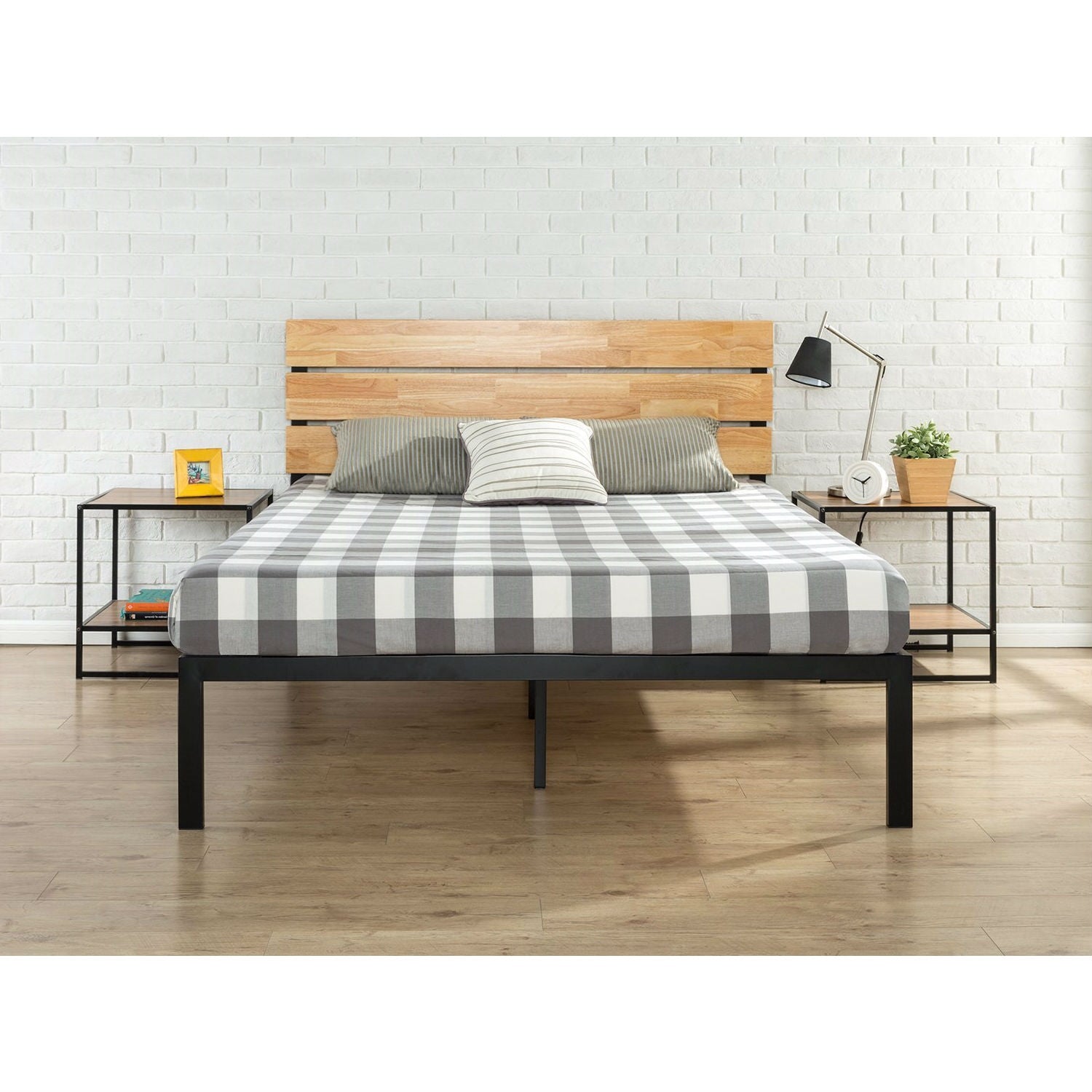 King size Modern Metal Platform Bed Frame with Wood Headboard and Slats-0