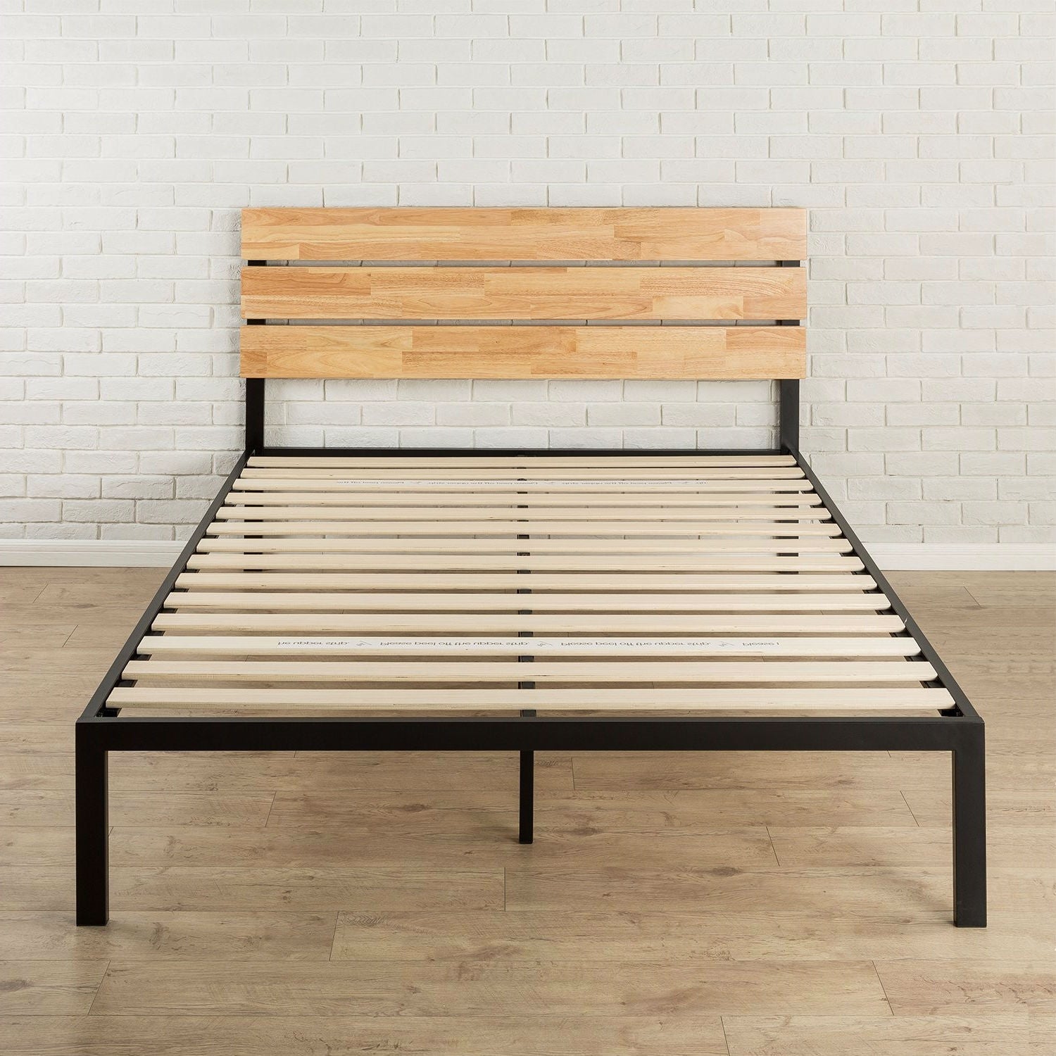 King size Modern Metal Platform Bed Frame with Wood Headboard and Slats-1