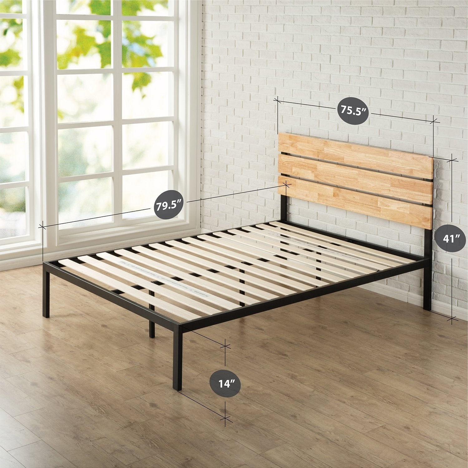 King size Modern Metal Platform Bed Frame with Wood Headboard and Slats-2