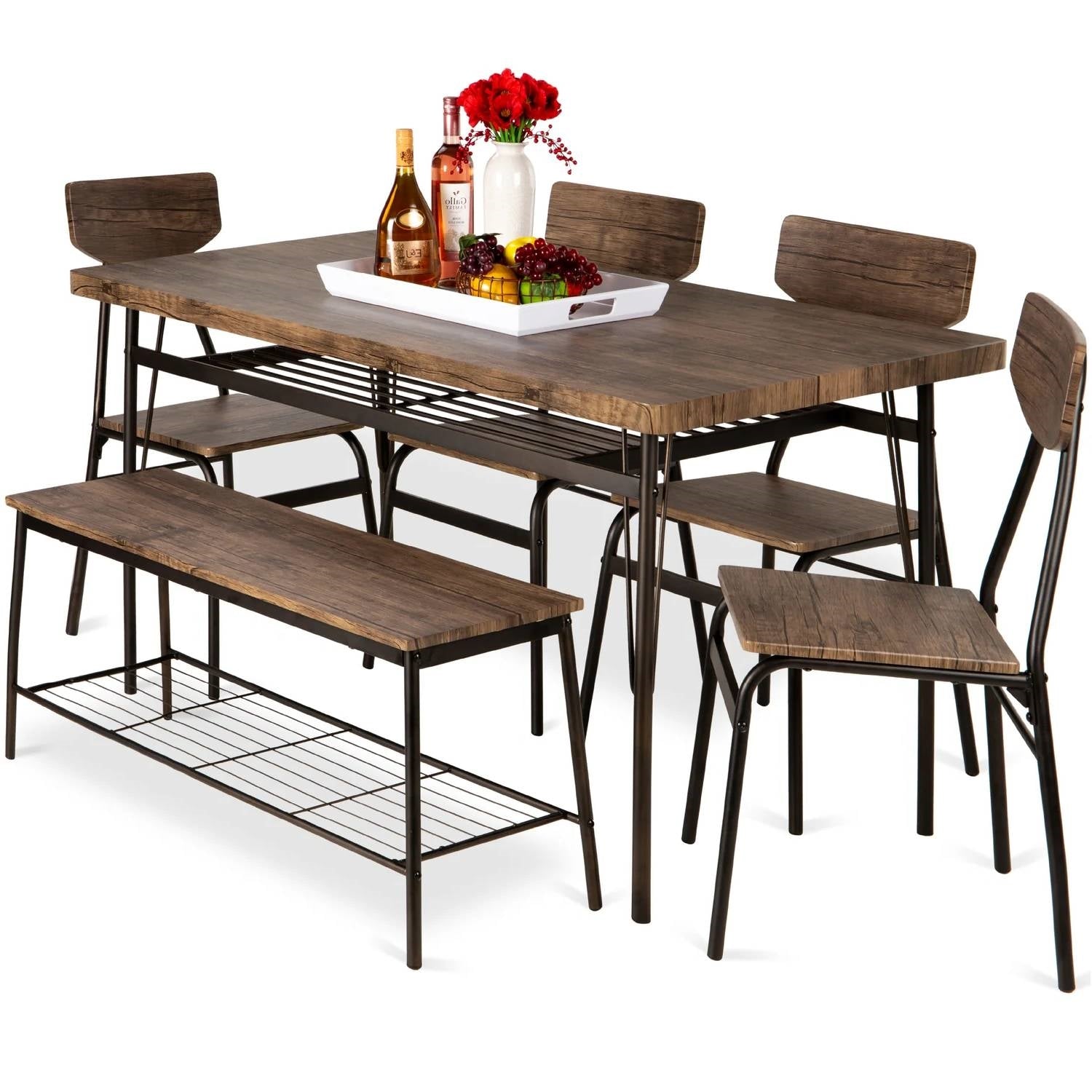 Modern 6-Piece Dining Set with Brown Wood Top Table 4 Chairs and Storage Bench-0