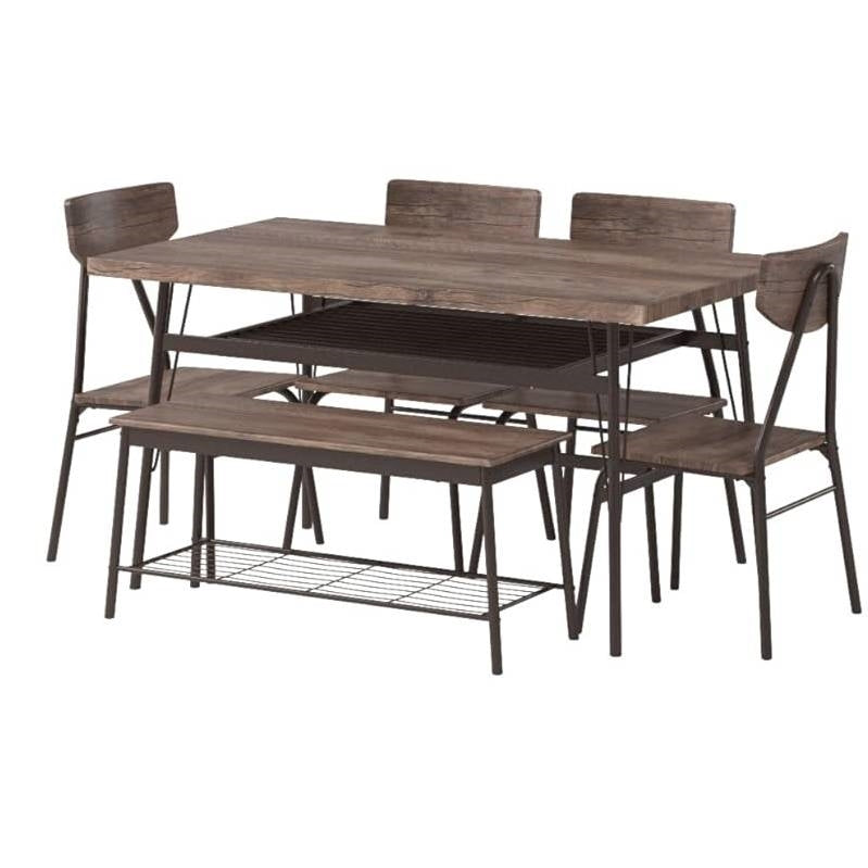 Modern 6-Piece Dining Set with Brown Wood Top Table 4 Chairs and Storage Bench-1