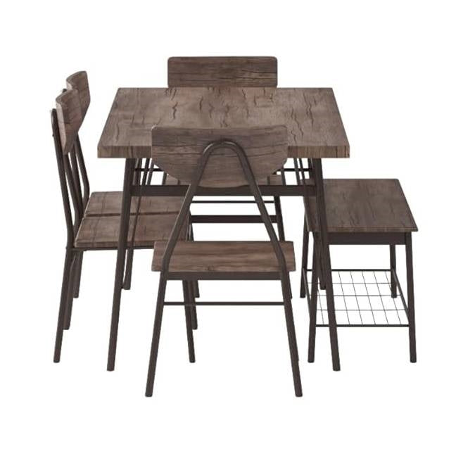 Modern 6-Piece Dining Set with Brown Wood Top Table 4 Chairs and Storage Bench-2