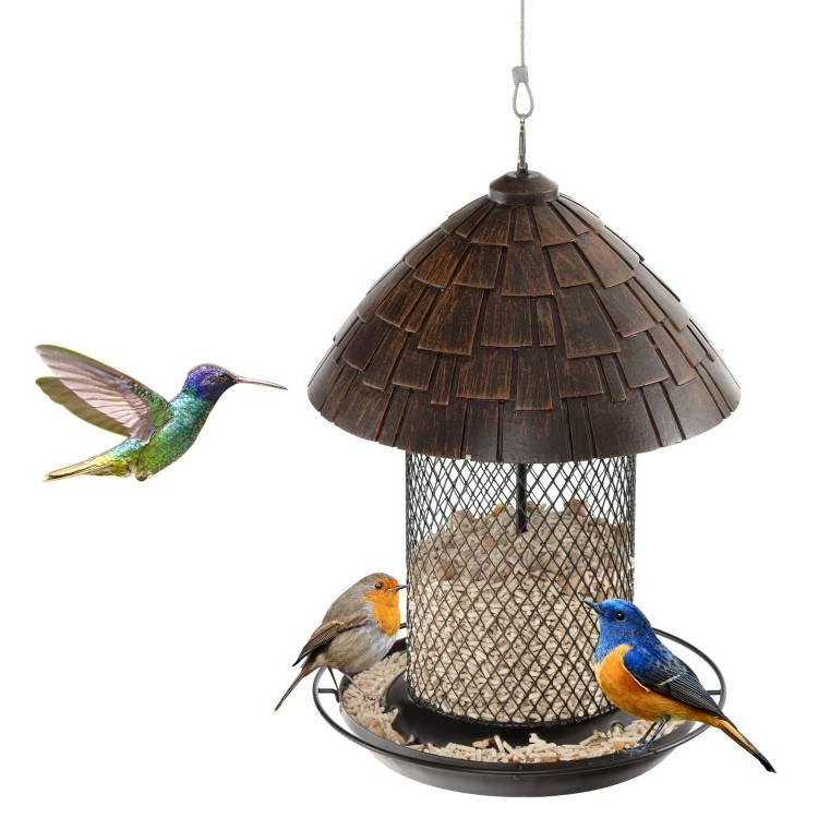 Outdoor Metal Mesh Tube Bird Feeder with Perch and Roof - Squirrel-Resistant-0