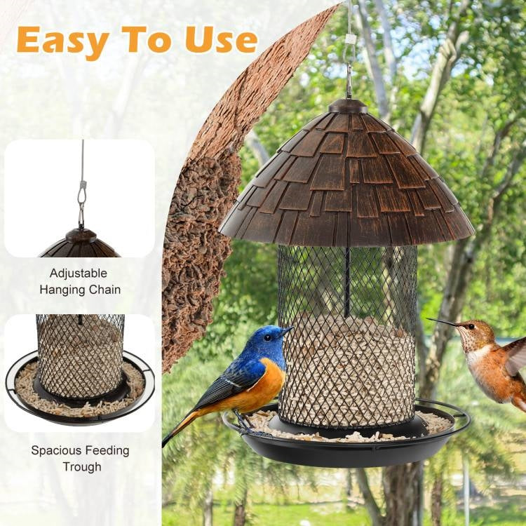 Outdoor Metal Mesh Tube Bird Feeder with Perch and Roof - Squirrel-Resistant-1