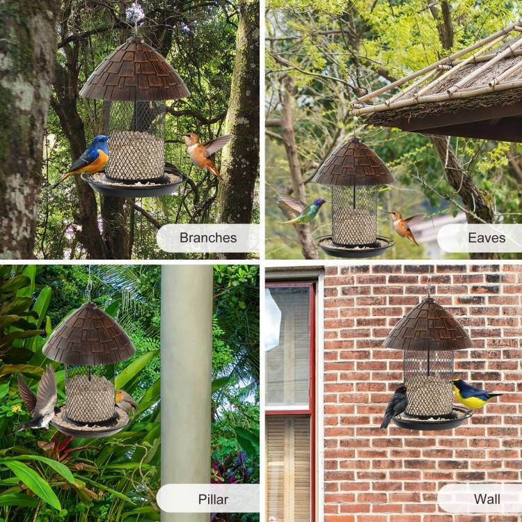 Outdoor Metal Mesh Tube Bird Feeder with Perch and Roof - Squirrel-Resistant-2