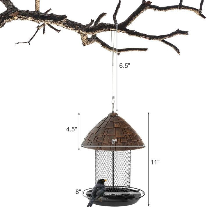 Outdoor Metal Mesh Tube Bird Feeder with Perch and Roof - Squirrel-Resistant-4