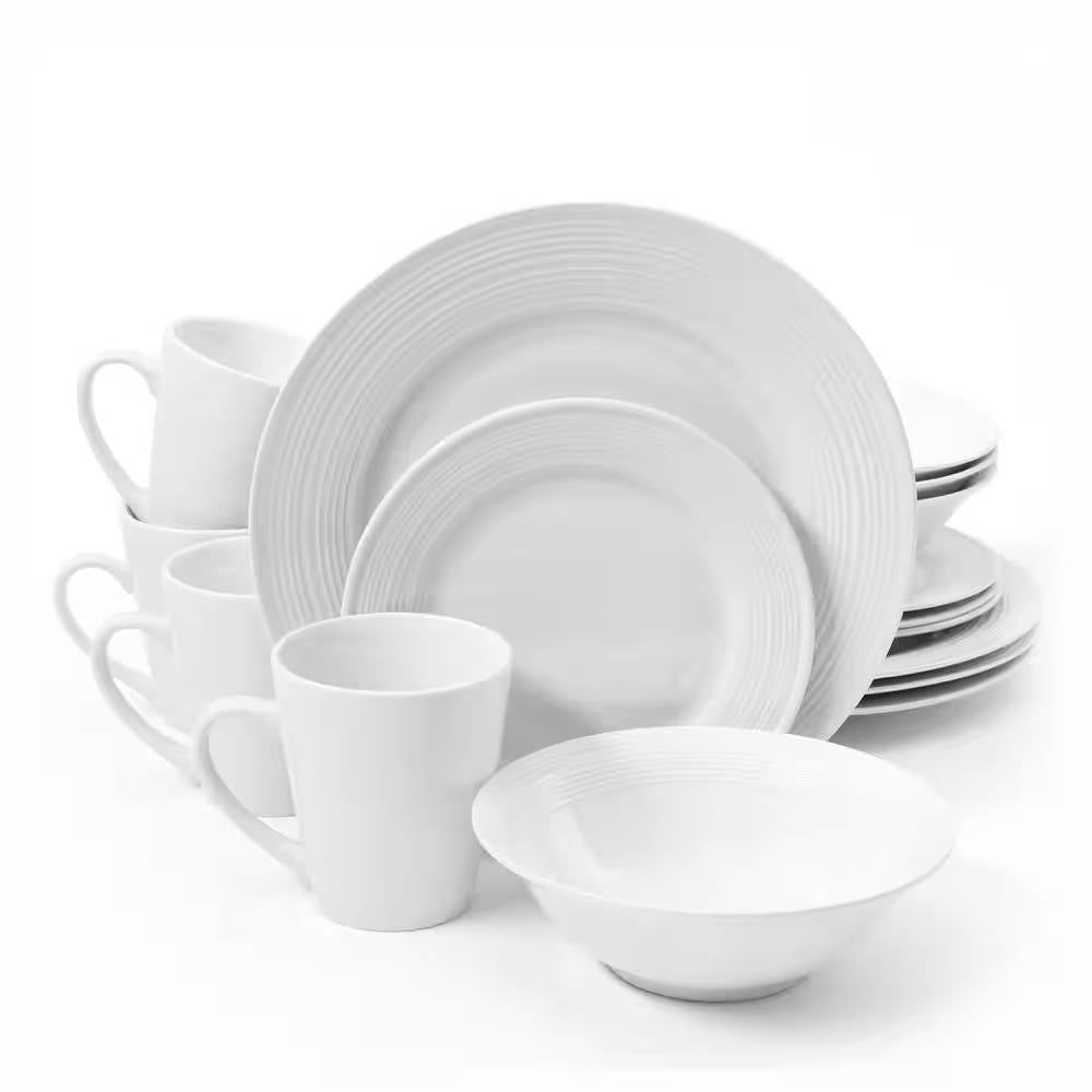 16-Piece White Ceramic Dinnerware Set w/ Bowls Plates and Mugs - Service for 4-0