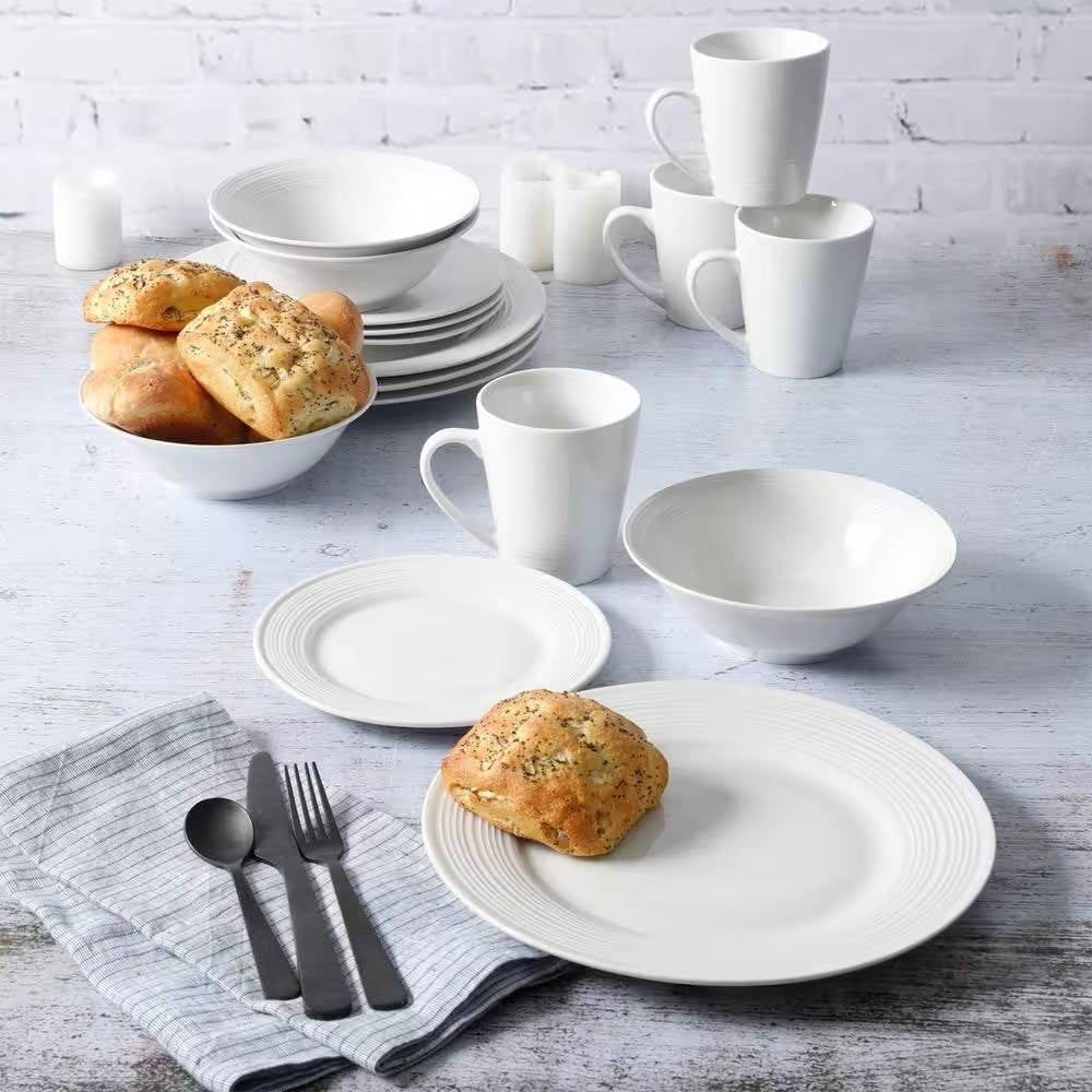 16-Piece White Ceramic Dinnerware Set w/ Bowls Plates and Mugs - Service for 4-1