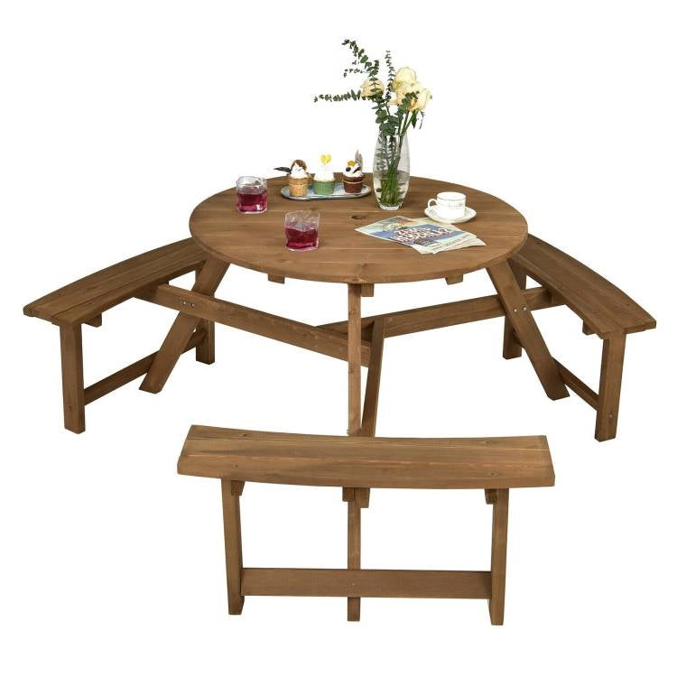 Outdoor Solid Wood Round Picnic Table Set with Umbrella Hole and 3 Benches-1