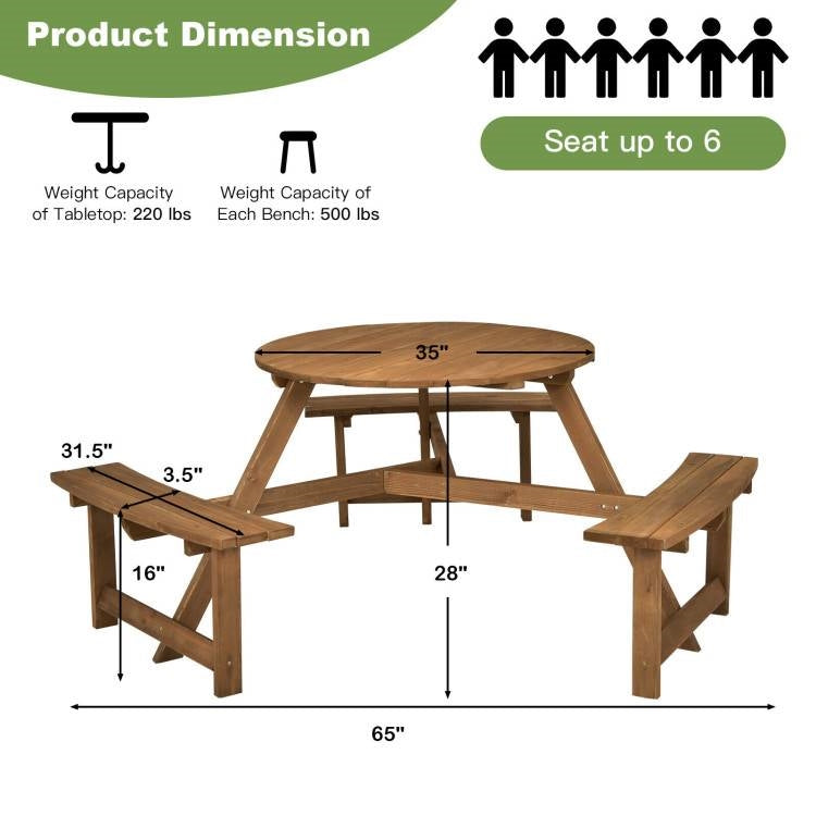 Outdoor Solid Wood Round Picnic Table Set with Umbrella Hole and 3 Benches-4