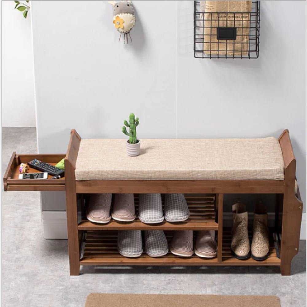 Solid Wood Entryway Shoe Rack Storage Bench with Cushioned Seat 2 Shelves and Drawer-2