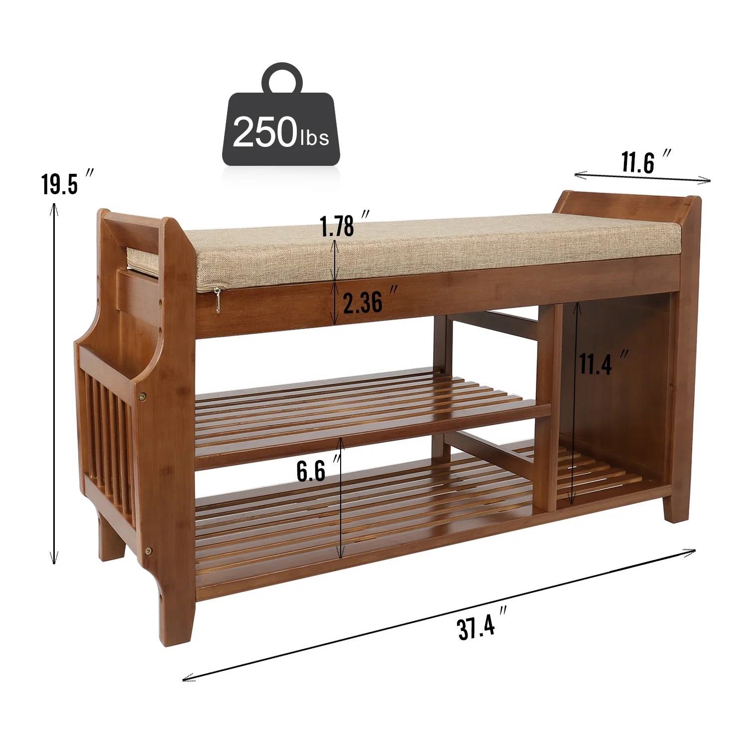 Solid Wood Entryway Shoe Rack Storage Bench with Cushioned Seat 2 Shelves and Drawer-3