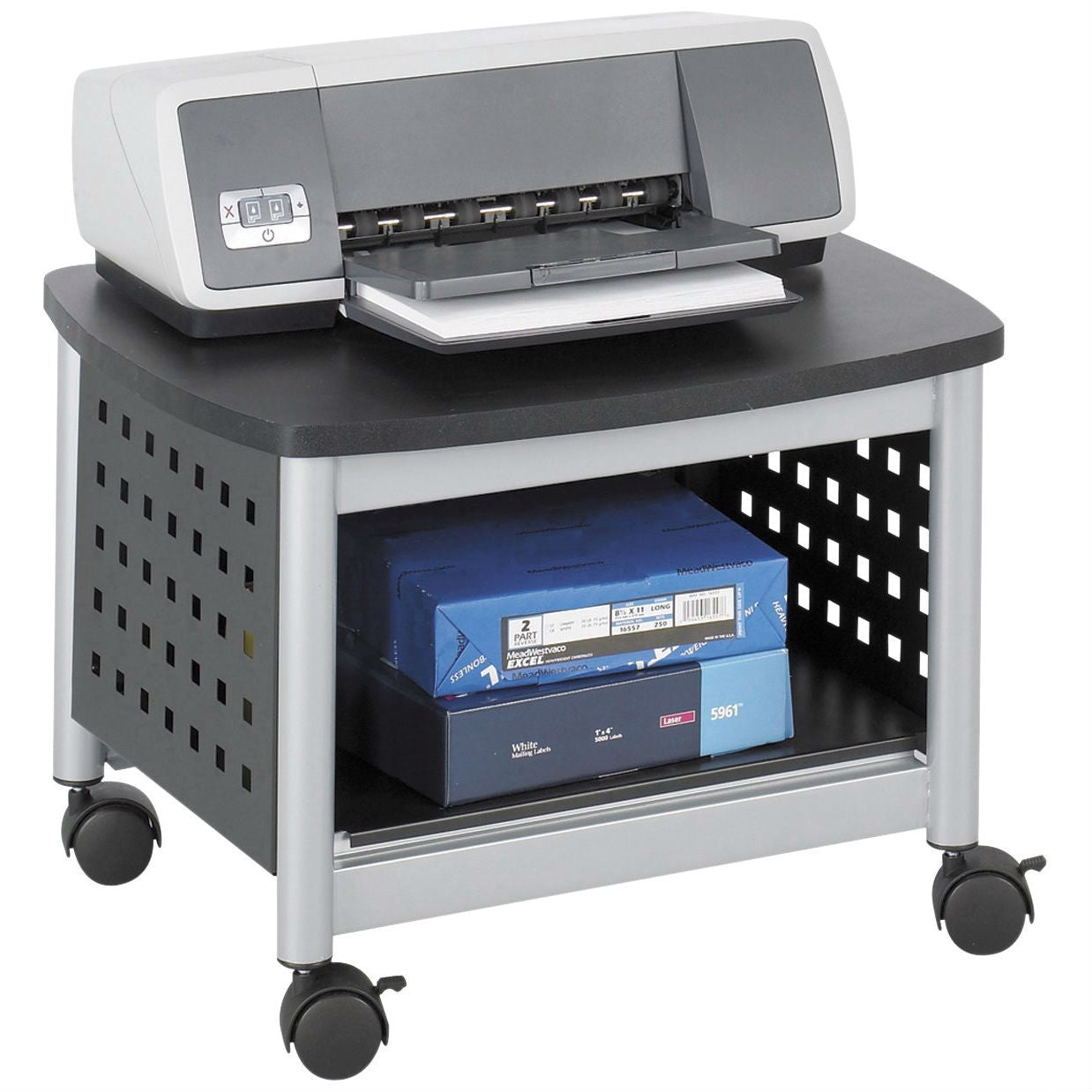 Under-Desk Printer Stand Mobile Office Cart in Black and Silver-0