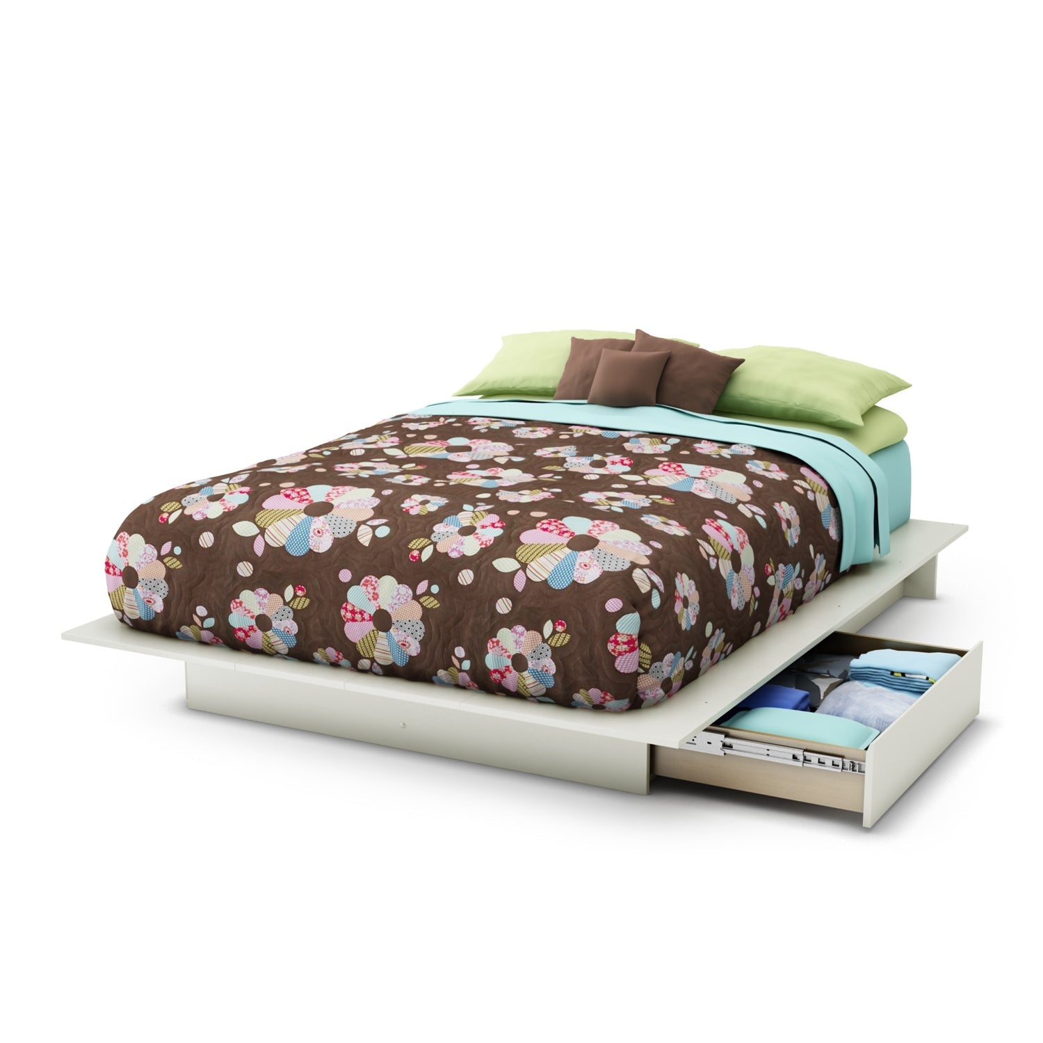 Queen size Modern Platform Bed with 2 Storage Drawers in White Finish-0