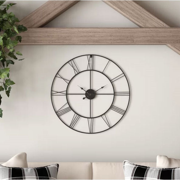 Round 24-inch Metal Wall Clock with Roman Numerals-2