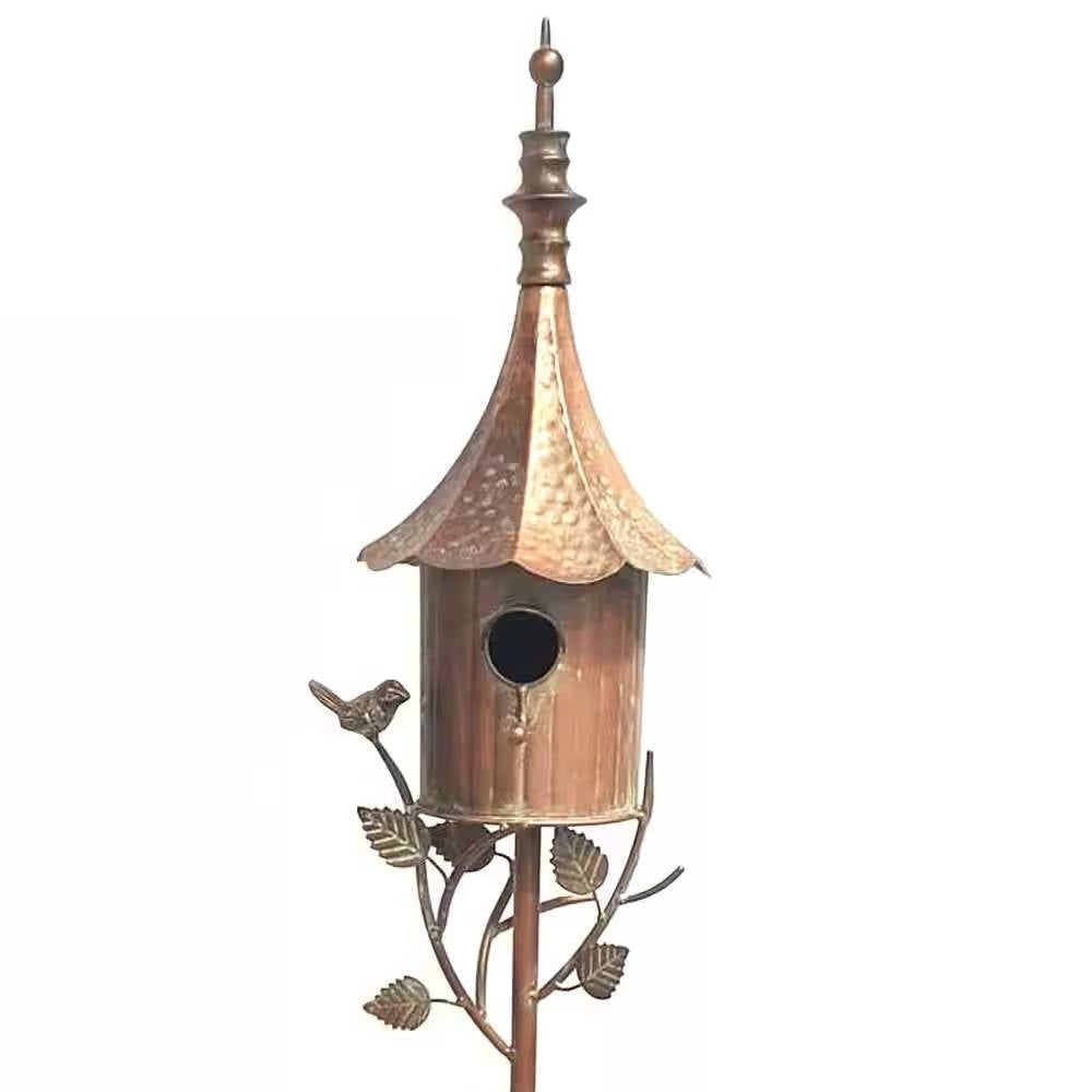 Outdoor Copper Finish Iron Gramophone Roof Birdhouse with Garden Stake-0