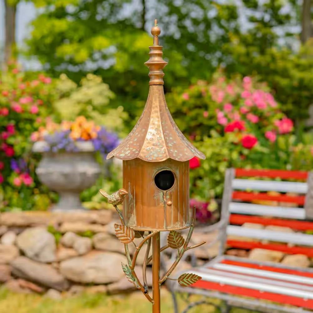 Outdoor Copper Finish Iron Gramophone Roof Birdhouse with Garden Stake-1