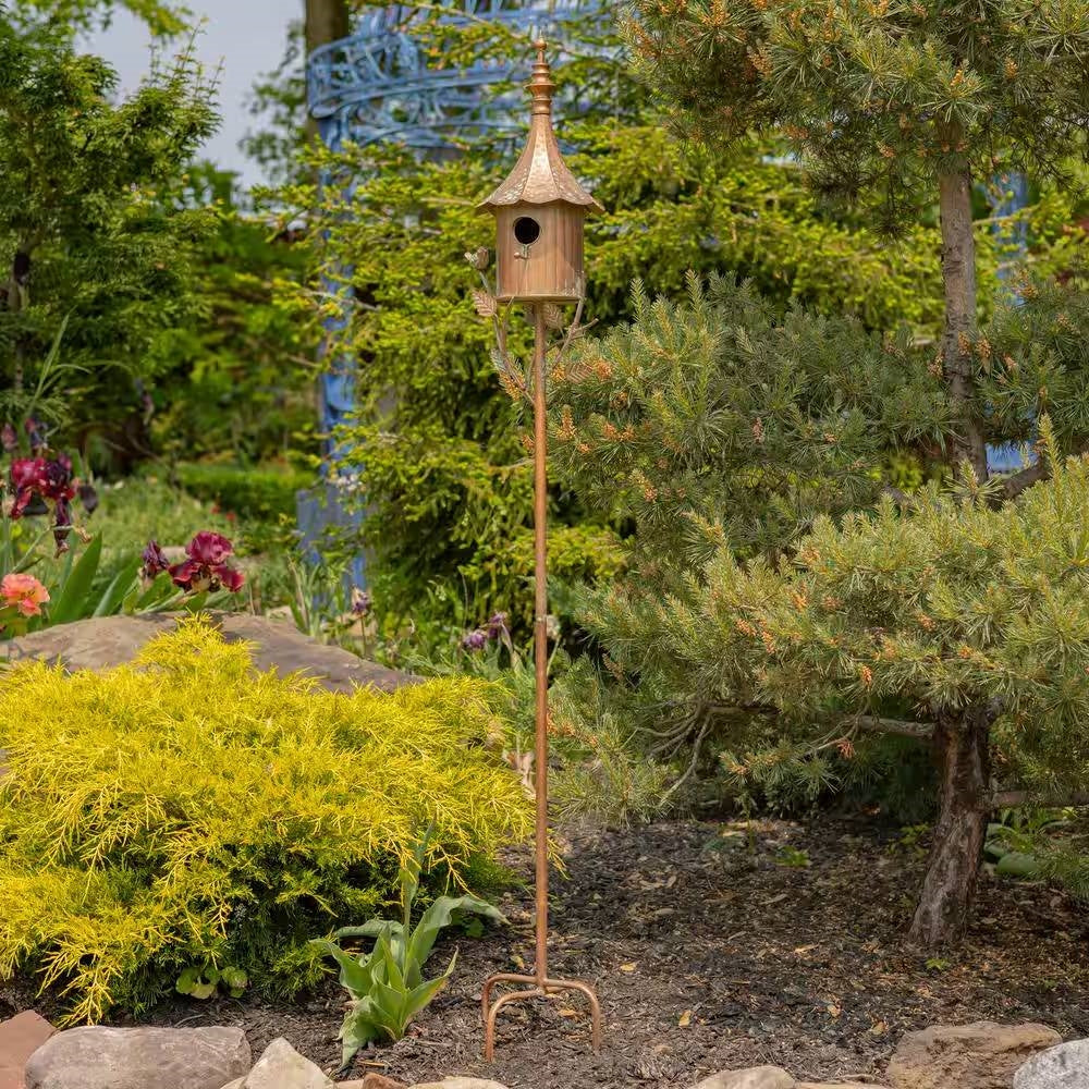 Outdoor Copper Finish Iron Gramophone Roof Birdhouse with Garden Stake-2