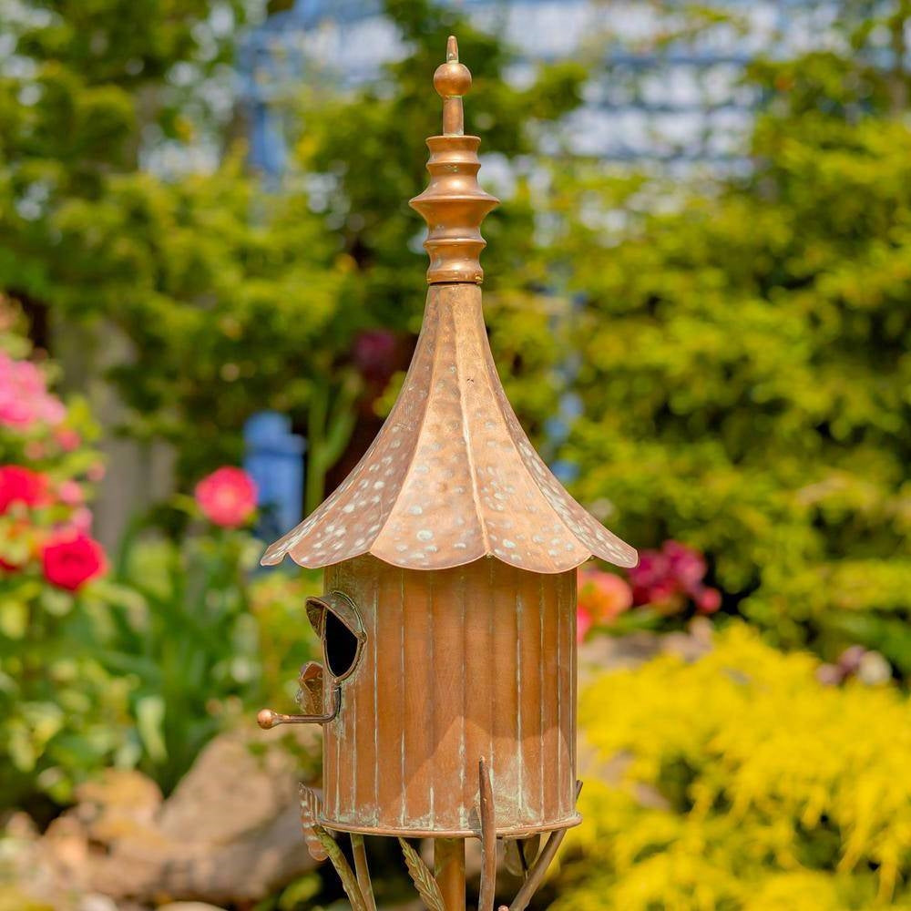 Outdoor Copper Finish Iron Gramophone Roof Birdhouse with Garden Stake-3