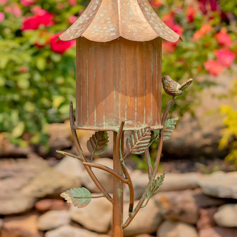 Outdoor Copper Finish Iron Gramophone Roof Birdhouse with Garden Stake-4