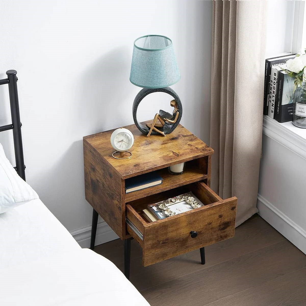 Set of 2 - Mid Century Modern Side Table Nightstand in Brown Black Wood Finish-3