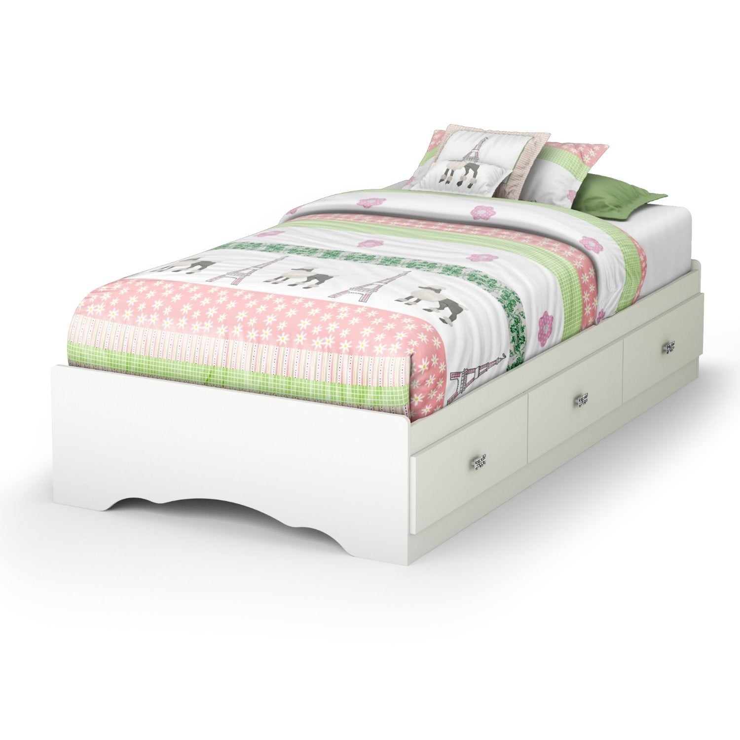 Twin size White Platform Bed Frame with 3 Storage Drawers-0