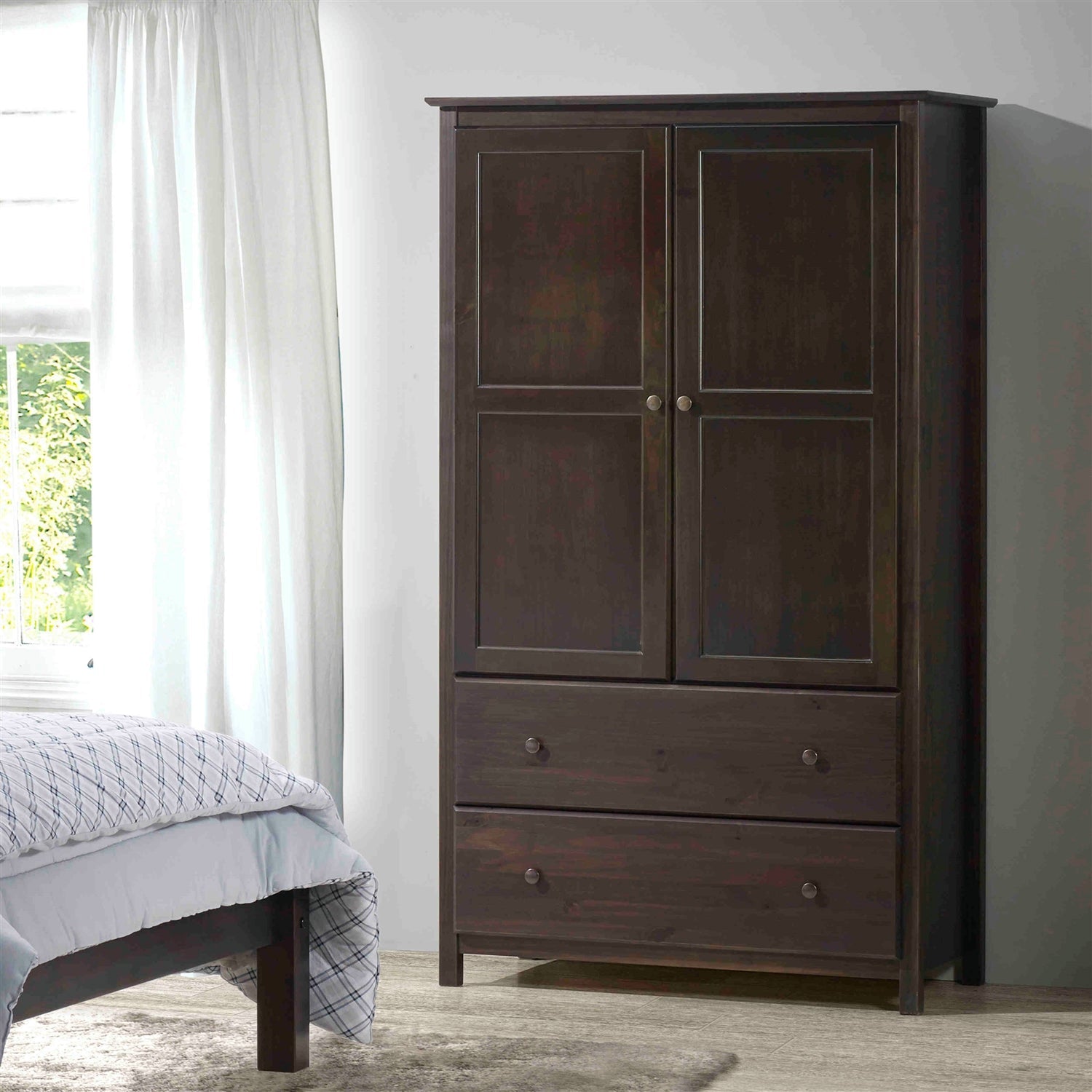 Brown Espresso Solid Wood Bedroom Armoire Wardrobe Cabinet with Hanging Bar-0