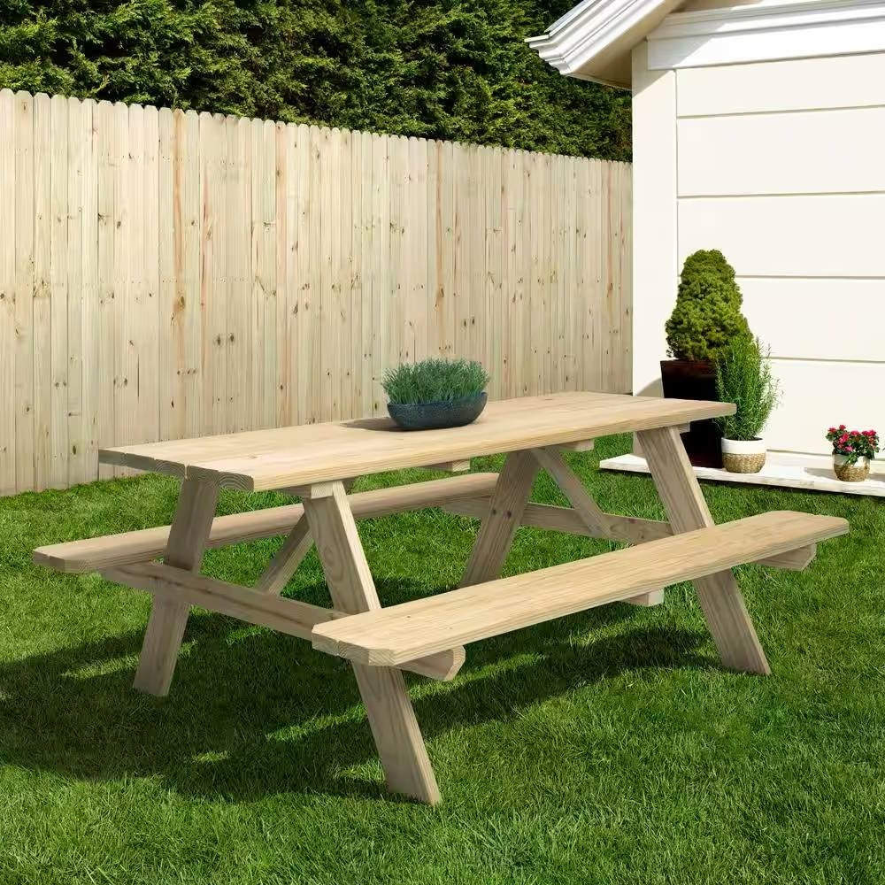 Solid Wood Outdoor Picnic Table with Benches Patio Garden Dining Set-2