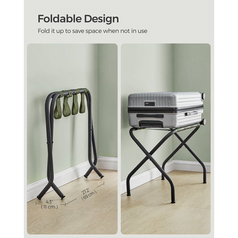 Set of 2 - Black Metal Foldable Luggage Rack with Forest Green Straps-1