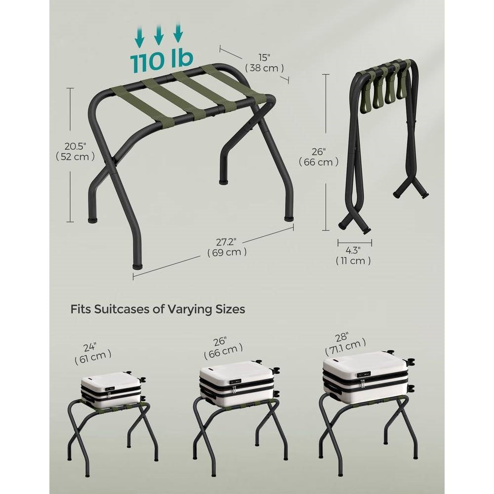 Set of 2 - Black Metal Foldable Luggage Rack with Forest Green Straps-2