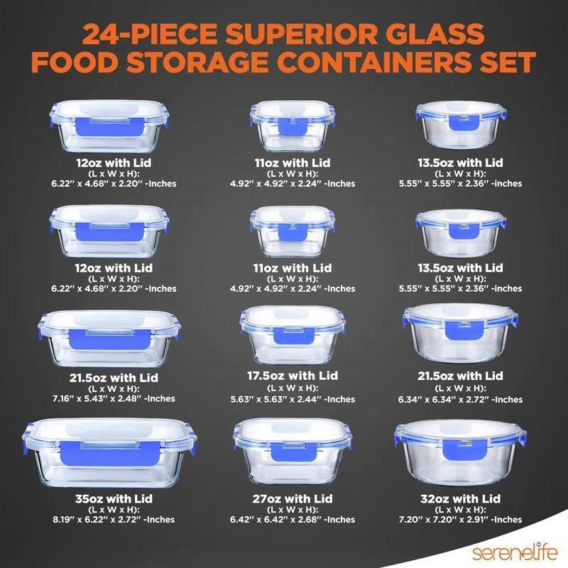 24-Piece Glass Food Storage Container Bakeware Set with Snap Locking Lids-3